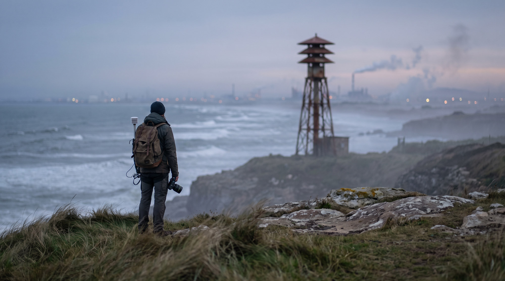 A filmmaker on a headland facing a rusted siren tower, industry on the horizon