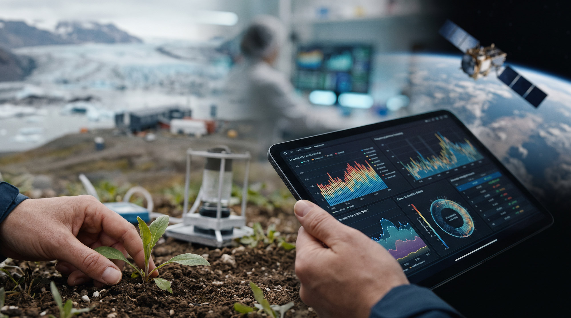 Hands tending a seedling beside a tablet of climate data, glacier research station behind